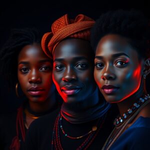 A group of confident individuals adorned with traditional and modern elements, illuminated by glowing red and blue light, symbolizing the fusion of resilience, culture, and innovation.