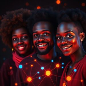 A vibrant group of smiling individuals surrounded by glowing orange and blue nodes, symbolizing the harmony and connectivity of a decentralized community.