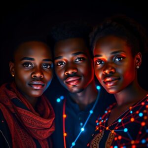 A diverse group of individuals illuminated by glowing orange and blue nodes, symbolizing universal connectivity and the inclusivity of a decentralized network.
