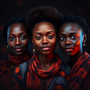 A group of confident individuals adorned with traditional and modern elements, illuminated by glowing red and blue light, symbolizing the fusion of resilience, culture, and innovation.