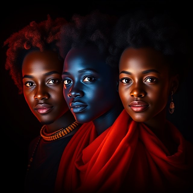 Three confident individuals draped in vibrant red and glowing accents, symbolizing strength, unity, and empowerment in a decentralized community.